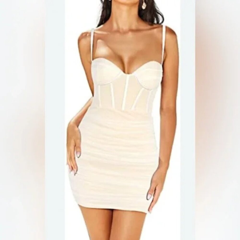 Linlan Corset Ruched Bodycon with/ Mesh Mini Dress Off White M